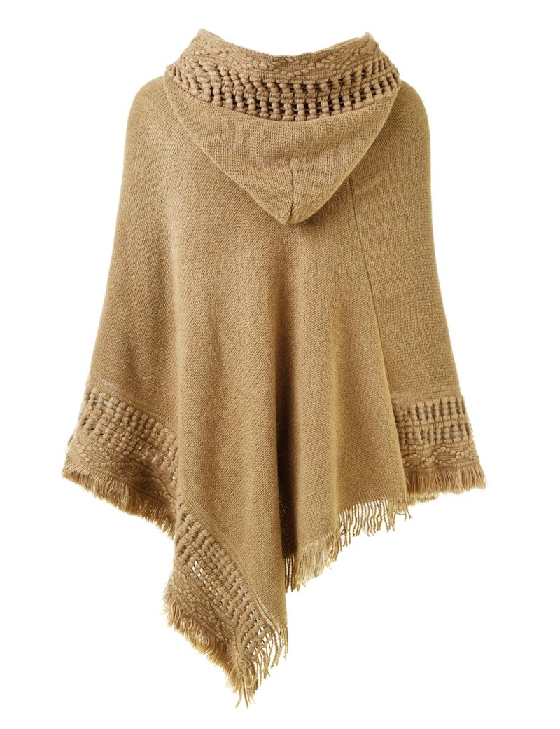 Ferand Ladies' Hooded Cape with Fringed Hem, Crochet Poncho Knitting Patterns for Women, Khaki - Image 2